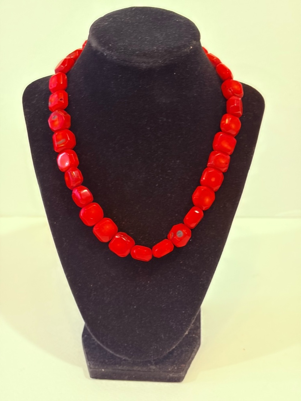 Red Coral Style Beaded Necklace Sterling Silver Clasp Artisan Statement